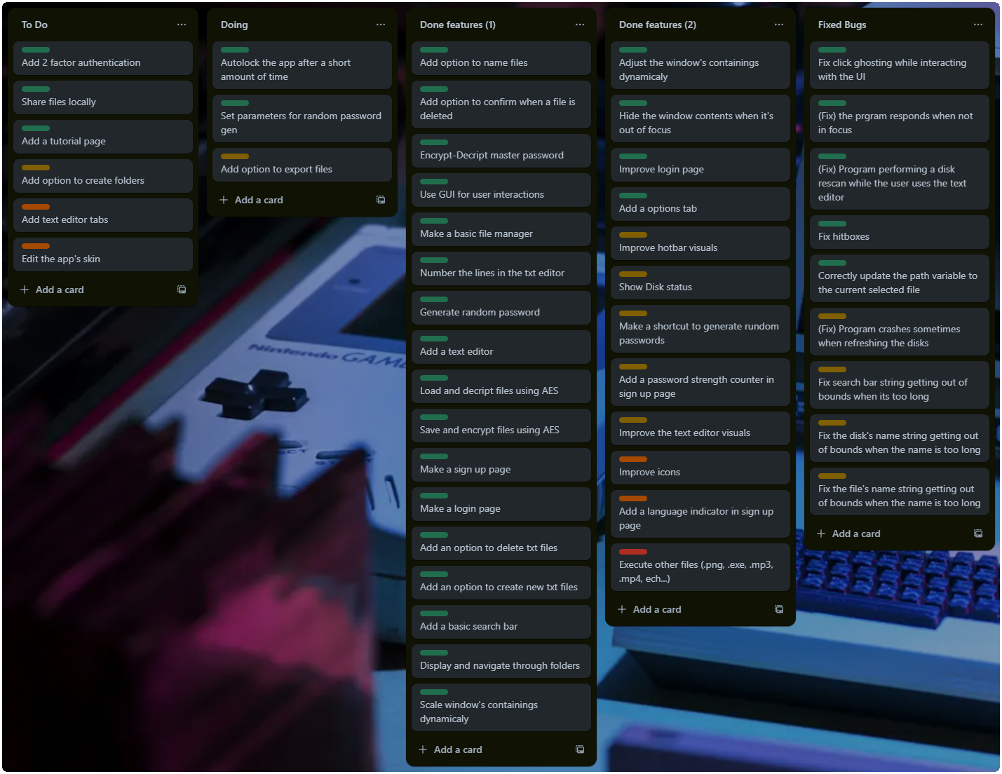 screenshot of a trello page showcasing the app's progress